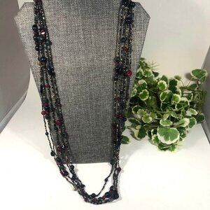 Five Strand Royal Colors Blue Green Maroon Gold Beaded 34 inch Necklace